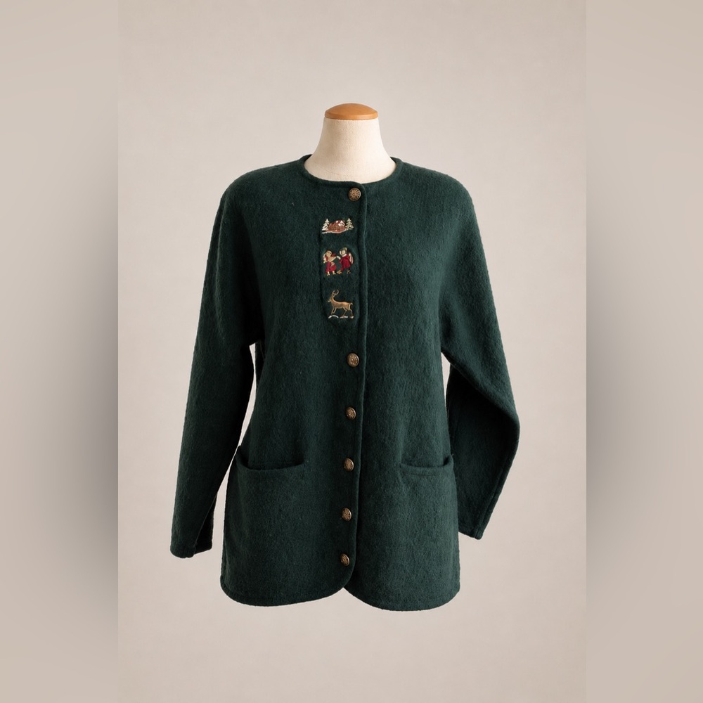VINTAGE – Dark Green Alpine Embroidered Wool Cardigan - Picture 2 of 11